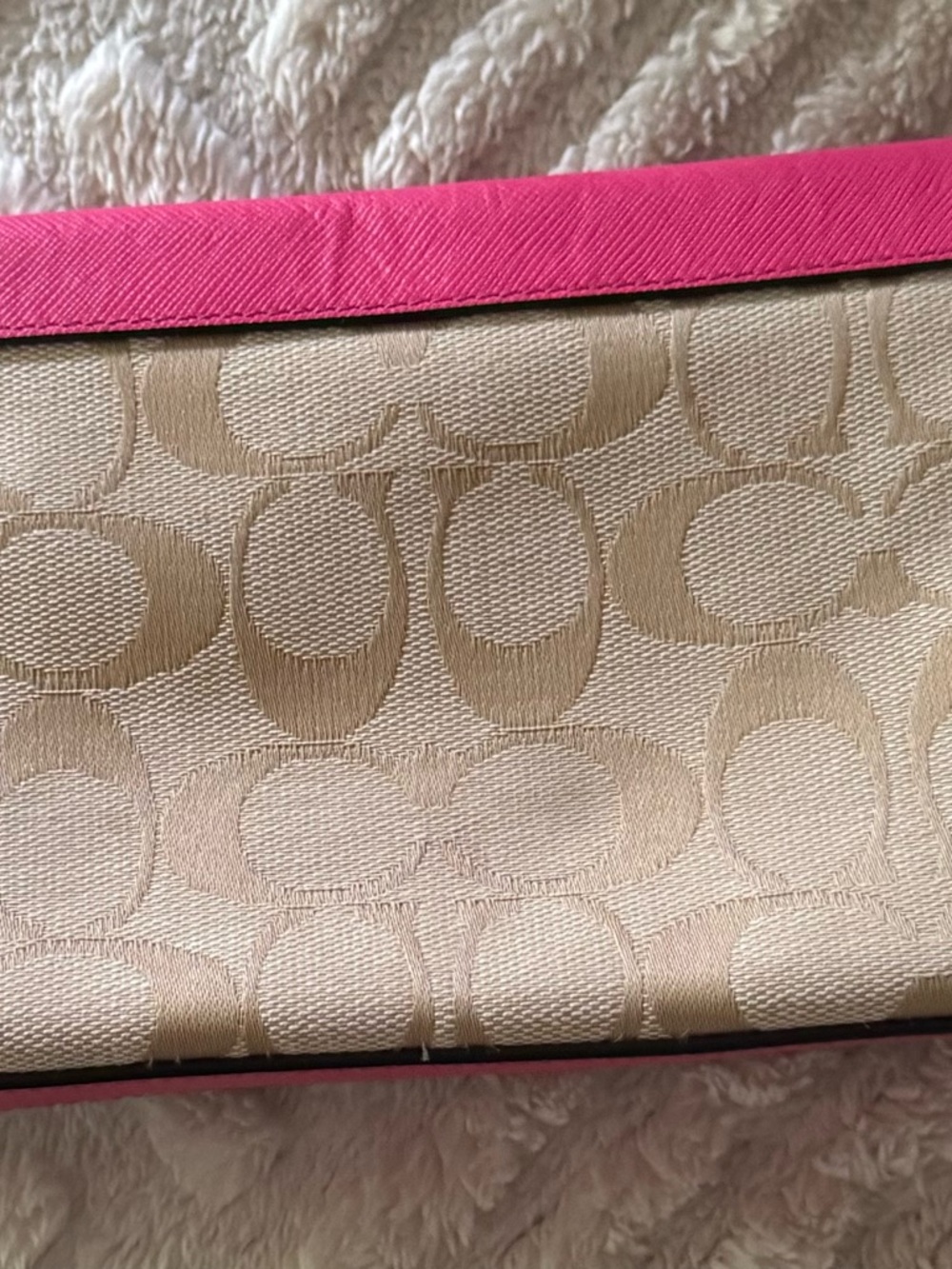Coach Beige Signature Canvas Wristlet with Bright Pink Trim - Picture 2 of 3